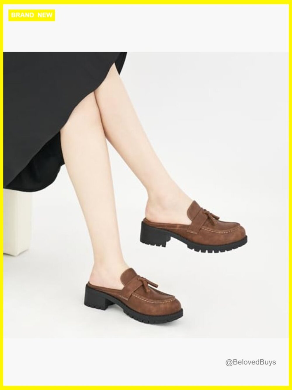 Womens Mules Loafers Slip On Platform Chunky Heel Tassel Work Shoes Office - Picture 6 of 7